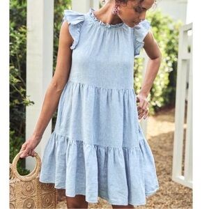 Lake Linen Blue Tiered Mini Ruffle Dress | S